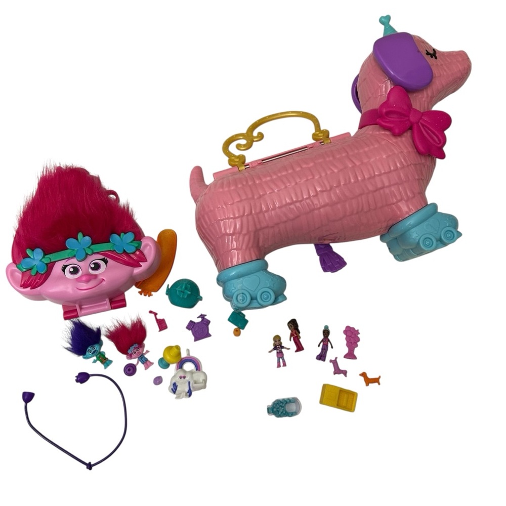Polly Pocket Puppy Party Doll Set Fun Accessories Pink Dog & Trolls Set